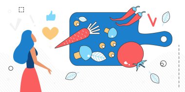 Yemek pişirme, kadın karakteri ve diyet yemek yapmak için sebzeli mutfak tahtası.