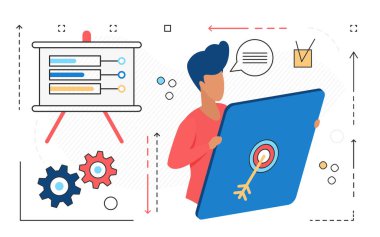 İş planı projesinde çalışan iş adamları, dev tablet taşıyan iş adamları.