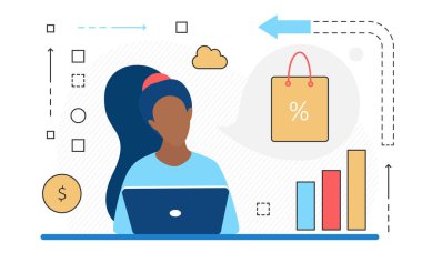 Perakende mağazasında satışlar, internetten alışveriş için dizüstü bilgisayar ve mağaza uygulaması kullanan kadınlar.