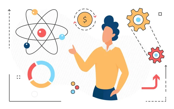 Investigación científica, carácter humano e icono de línea abstracta científica aislado — Archivo Imágenes Vectoriales