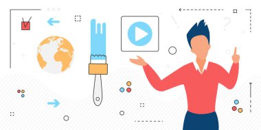 Video film içeriği, çevrimiçi ortam oynatıcı satır simgelerine sahip erkek karakter izole edildi