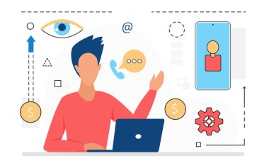 Bizimle irtibata geç, dizüstü bilgisayarlı adam karakteri, destek hattı simgesi izole edildi