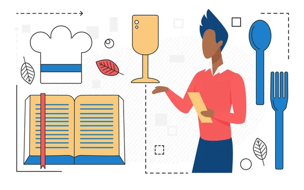 Cuisine, homme personnage avec livre de cuisine, chef outils ligne icône isolé — Image vectorielle