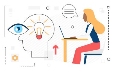 İş kadını dizüstü bilgisayarla çalışıyor, yaratıcı iş fikri üzerine beyin fırtınası yapıyor.