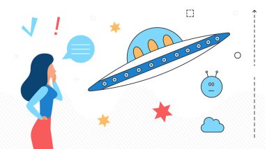 Uzay bilimi araştırmaları fütüristik teknoloji, uzaylı UFO uzay gemisi ve kadın kaşif