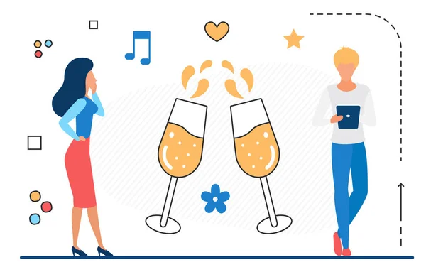 Концепція весільної вечірки з келихами шампанського, святкування шлюбу та жінка — стоковий вектор