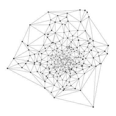 Birbirine bağlı siyah noktaların ve çizgilerin soyut geometrik ağı bilim teknolojisi için ideal karmaşık bir ağ yapısı oluşturuyor, veri görselleştirme kavramları beyaz arkaplan vektörü üzerinde izole edilmiş.