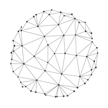 Bağlı çizgiler ve noktalarla oluşan soyut geometrik küre, seyrek iç yapıya sahip yoğun dış ağ, teknoloji, bilim veya veri kavramları için ideal vektör illüstrasyonu