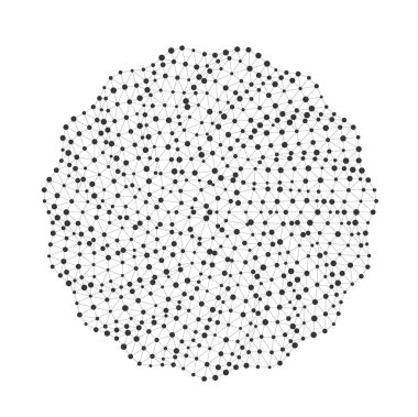 Bağlı siyah noktalardan oluşan soyut dairesel ağ beyaz arkaplan vektörü üzerinde izole edilmiş teknoloji arka planları, bilim görselleri veya dijital iletişim kavramları için ideal bir geometrik ağ oluşturuyor..