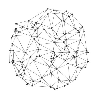 Bağlı nokta ve çizgilere sahip modern çokgen ağ yapısı, teknoloji arka planı, bilim görselleri veya dijital vektör illüstrasyonları için ideal dairesel geometrik desen oluşturmaktadır.