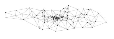 Birbirine bağlı siyah nokta ve çizgilerin soyut geometrik ağı beyaz arkaplan vektörü üzerinde izole edilmiş teknoloji, bilim veya veri görselleştirme kavramları için ideal bir ağ yapısı oluşturmaktadır..