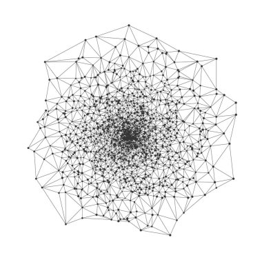 Complex geometric spiral network with interconnected lines and nodes ideal for technology backgrounds, science presentations, or digital communication concepts isolated on white background vector.