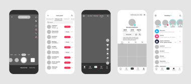 Kyiv, Ukrayna - 7 Haziran 2025, kullanıcı profili, besleme, sohbet ve video oluşturma ekranlarını gösteren dijital TikTok arayüz modeli, UI tasarımı ve uygulama geliştirmesi için mükemmel izole edilmiş vektör çizimi