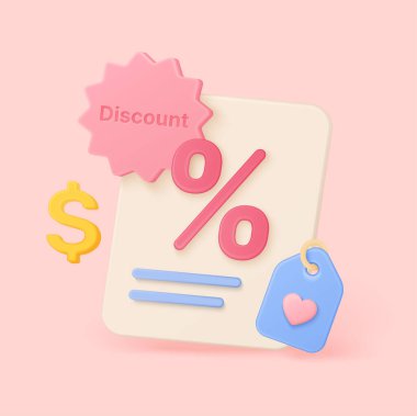Renkli yüzde üç boyutlu tabela, indirim rozeti, fiyat etiketi ve pazarlama için dolar sembolü ve yumuşak pembe arka plan çizimi için özel teklifler