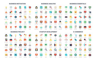 İş, girişim, proje yönetimi, analiz, e-ticaret ve temel ihtiyaçlar için 180 basit düz simge seti, web, uygulamalar, sunumlar ve bilgi grafik vektörü ilülasyonu için mükemmel