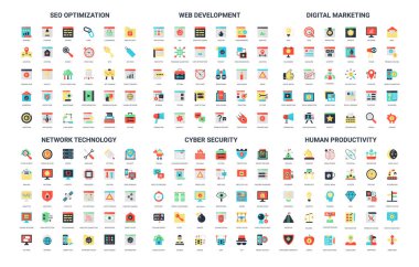 SEO, web geliştirme, dijital pazarlama, ağ teknolojisi, siber güvenlik ve verimliliği kapsayan 180 basit düz simge koleksiyonu, iş ve teknoloji projeleri illüstrasyonu için mükemmel