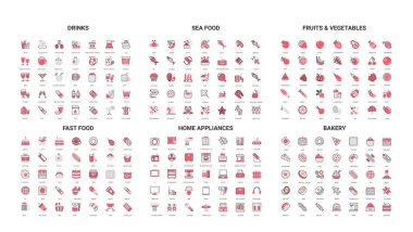 İçecekler, deniz ürünleri, meyveler, sebzeler, fast food, ev aletleri ve fırın için kapsamlı modern çizgi simgeleri koleksiyonu menü tasarımı ve dijital proje illüstrasyonu için mükemmeldir.