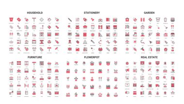 Minimalist satır simgeleri ev, kırtasiye, bahçe, mobilya, saksı ve emlak temaları beyaz arkaplan çizimi üzerinde izole edilmiş web, uygulama veya baskı tasarımı için mükemmel