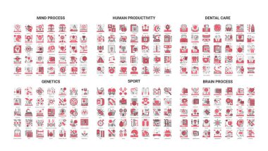 Eğitim ve yaratıcı projeler için zihin süreci, insan üretkenliği, diş bakımı, genetik, spor ve beyin sürecini kapsayan modern çizgi simgeleri izole edilmiş vektör çizimi