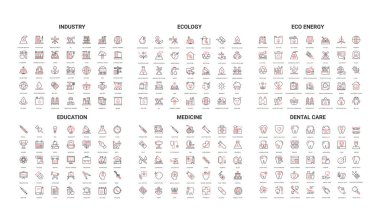 Endüstri, ekoloji, eko enerji, eğitim, tıp, ağ için diş bakımı, uygulamalar, bilgi grafikleri, sunumlar izole edilmiş vektör ilülasyonunu kapsayan kapsamlı modern çizgi simgeleri koleksiyonu