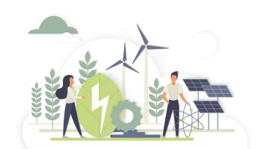 Rüzgar türbinleri, güneş panelleri ve sürdürülebilirlik, temiz enerji ve çevresel farkındalık vektör çizimi için çevre dostu teknoloji ile yenilenebilir enerji kavramı