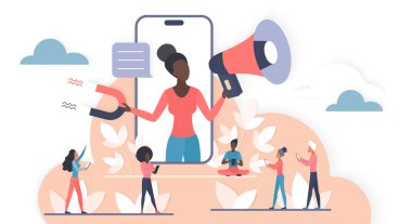 Çevrimiçi izleyicileri çekmek için megafon ve mıknatıs kullanan dijital etken, sosyal medya pazarlaması, iletişim ve angajman stratejileri vektör ilüstrasyonunu temsil eden