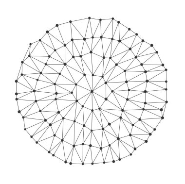 Birbirine bağlı çizgiler ve noktalarla soyut geometrik ağ şablonu beyaz arka planda izole edilmiş bilim, teknoloji veya modern arka planlar için mükemmel dairesel bir elmas yüzey yapısı oluşturuyor..