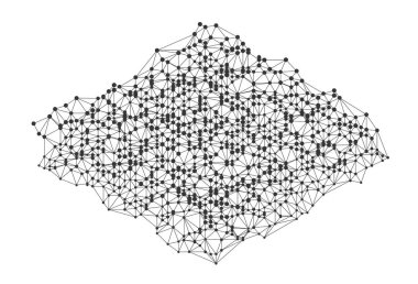 Bilgi, teknoloji veya iletişim kavramlarını temsil eden birbirine bağlı düğüm ve çizgilerle geometrik ağ örgüsü, beyaz arkaplanda izole edilmiş bilim, teknoloji veya dijital arkaplanlar için mükemmeldir..