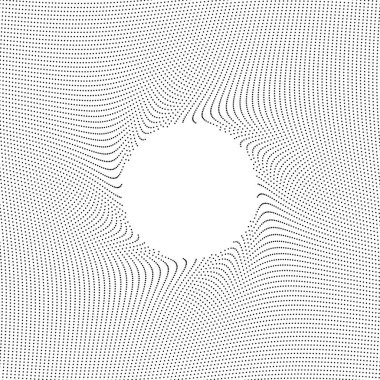 Soyut siyah noktalar, beyaz arkaplan vektörü illüstrasyonunda izole edilmiş özgeçmiş, bilim veya teknoloji temaları için ideal merkezi beyaz bir şekilden itilmiş dinamik eğri çizgiler oluşturur.