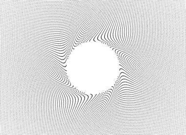 Soyut itilmiş noktalar deseni, ses dalgalarına veya yayımlayıcı etkisine benzeyen dairesel bir boşluk oluşturur, teknoloji, bilim veya modern arka plan vektör çizimi için idealdir.