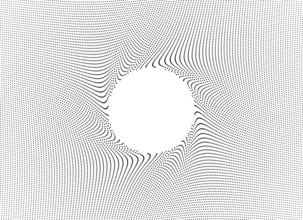 Soyut itilmiş noktalar deseni, ses dalgalarına veya yayımlayıcı etkisine benzeyen dairesel bir boşluk oluşturur, teknoloji, bilim veya modern arka plan vektör çizimi için idealdir.