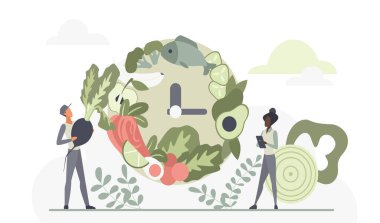 Sağlıklı beslenme alışkanlıkları ve sebze, balık ve yeşilliklerle dengeli beslenme konsepti beyaz arka plan vektör çiziminde izole edilmiş beslenme planı ve refahı için bir saat oluşturur.