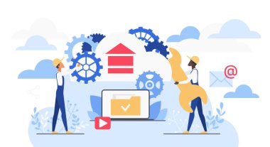 Çevrimiçi servis, depolama ve beyaz arkaplan vektör ilüstrasyonunda izole edilmiş bakım çözümleri için vites, anahtar ve dijital veri yönetimiyle bulut hesaplama takım çalışması