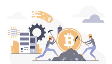 Kazmada çalışan dijital madenciler bitcoin sunucuları bulut elementleri kripto para birimi madencilik engelleme teknolojisi dijital finans izole edilmiş beyaz fon vektör ilüstrasyonunu temsil ediyor.