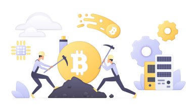 Kazmalarla çalışan dijital madenciler, blockchain teknolojisi, sunucular ve viteslerle çevrili bitcoin sembollerini çıkarıyorlar, finans, yatırım ve fintech konuları vektör illemesi için mükemmeller.