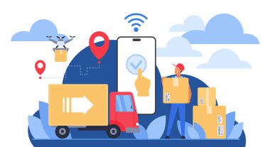 Bulut lojistiği, mobil izleme, kargo, insansız hava aracı taşımacılığı ve hızlı ve verimli nakliye vektörü çizimi için kurye yönetimini gösteren modern dağıtım hizmeti kavramı