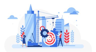 Şehir manzarasında hedef ve vites oluşturan kişilerle takım çalışması ve işbirliği, hedef başarısı ve proje planlaması beyaz arkaplan vektör ilülasyonunda izole edildi