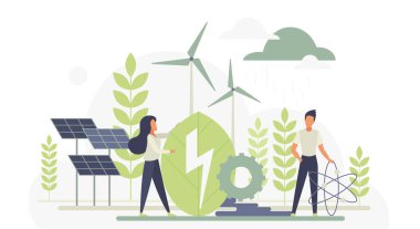 Rüzgar türbinleri ve güneş panelleri gibi çevre dostu enerji kaynakları, temiz enerji ve çevresel koruma için sürdürülebilir teknolojiyi destekleyen insanların izole edilmiş vektör ilüstrasyonu