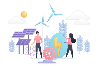 Rüzgar türbinleri, güneş panelleri ile yenilenebilir enerji kavramı ve çevre dostu teknoloji ve temiz elektrik üretim vektörü çizimi için sürdürülebilir enerjiyi destekleyen insanlar