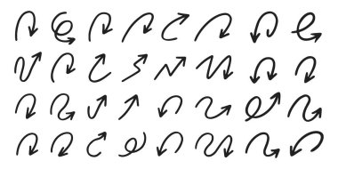 Yaratıcı tasarım, bilgi veya web elementleri için ideal, beyaz arkaplan vektör illüstrasyonunda izole edilmiş, çeşitli yönlerde tuhaf spiral, eğri ve bükülmüş oklar koleksiyonu