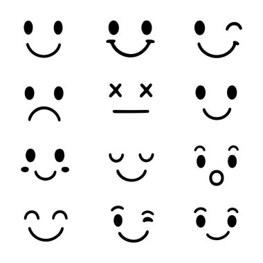 Minimalist emoji yüzleri, mutlu, üzgün, şaşırmış ve göz kırpan, sohbet, avatar veya dekorasyon için mükemmel, beyaz arkaplan vektör ilüstrasyonunda izole edilmiş, çeşitli duyguları gösterir