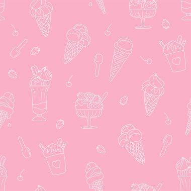 Elle çizilmiş dondurma külahları, dondurma külahları ve pembe arka planda çizgi sanatı tarzında tatlılar içeren kusursuz desenler, neşeli yaz tasarımı vektör çizimleri için idealdir.