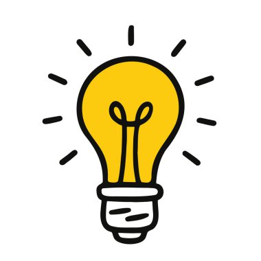 Beyaz arkaplan çizimi üzerinde izole edilmiş, yaratıcılığı, yeniliği ve ilhamı temsil eden, basit bir el çizimi çizgi film tarzında ışıldayan sarı ampul.