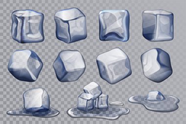 Çeşitli şekillerde gerçekçi buz küplerinin toplanması ve erime aşamaları, kristal berrak ve ayrıntılı, içecek ve içecek kavramları için mükemmel, vektör çizimi