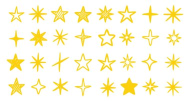 Altın pastel boya yıldızları koleksiyonu çeşitli eğlenceli şekillerde ve grunge dokularında, yaratıcı projeler ve çocuk tasarımları için mükemmel, beyaz arkaplan vektör ilüstrasyonunda izole edilmiş