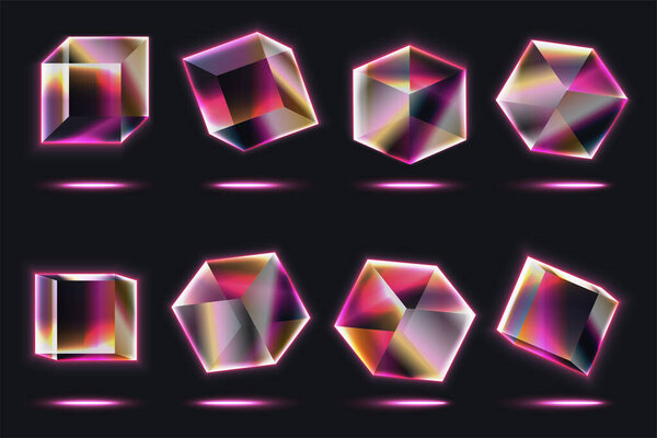 Vivid glass neon cubes with glowing edges and crystal reflections, showcasing futuristic geometric shapes and vibrant lighting effects on a dark background vector illustration