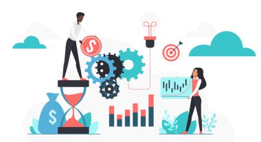 İş adamları yatırım sürecini çarklar, grafikler, para ve finans, planlama ve dijital strateji için bulut unsurları ile analiz ediyorlar.