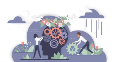 Dişliler, çiçekler ve zihinsel sağlığı temsil eden insanlar ile sembolik insan kafası, duygusal destek ve depresyonun üstesinden gelmek, terapi, danışmanlık ve sağlık konuları vektör illüstrasyonları için mükemmel