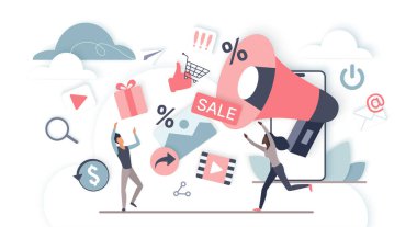 Bulut elementleri, megafon, satış tabelası, alışveriş arabası ve reklam, ekommerce ve çevrimiçi tanıtım vektör ilülasyonu için iş simgeleri içeren dijital pazarlama stratejisi