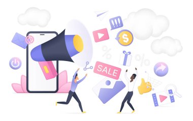 Dijital pazarlama stratejisi megafon akıllı telefon satış ikonları online iş dünyasının reklamını yapan mükemmel reklam ekommersi sosyal medya kampanyaları izole edilmiş beyaz fon vektör ilüstrasyonları.